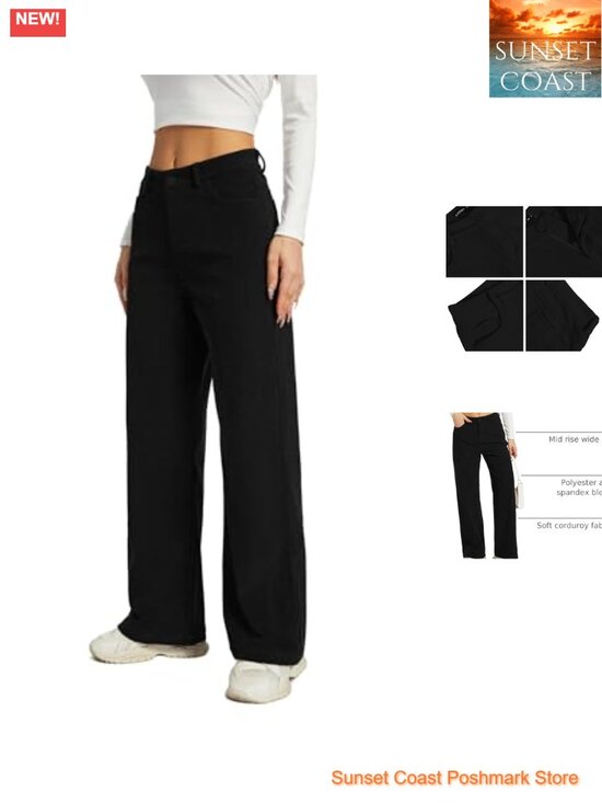 Pants - Corduroy Wide Leg Pants Mid Rise Loose Fit Casual Trousers for Work